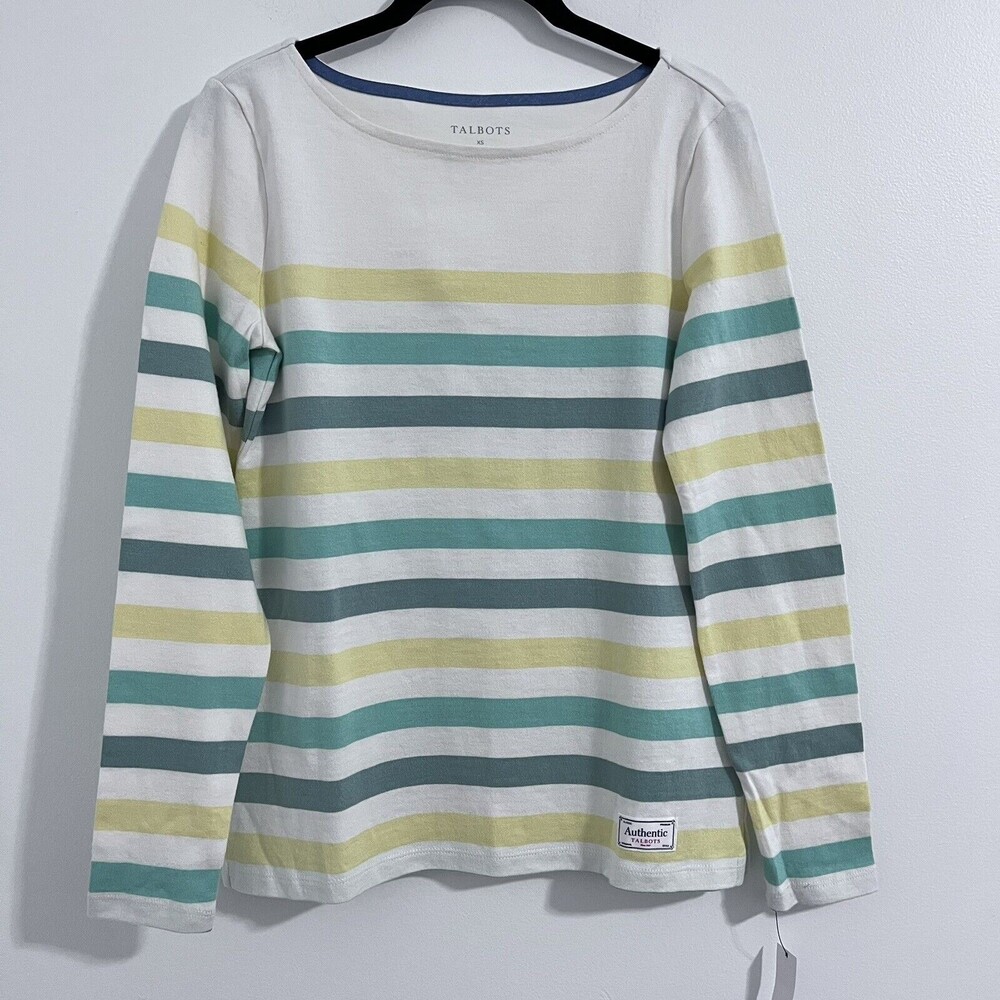 Talbots Striped Ivory Sweater Size XS Authentic Classic Premium Green Top Basic